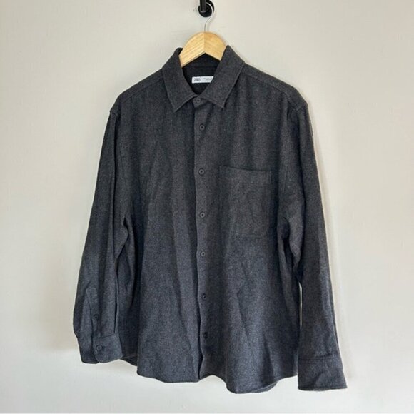 Zara wool blend Grey Button Down shirt Front Pocket Size L - Picture 3 of 6